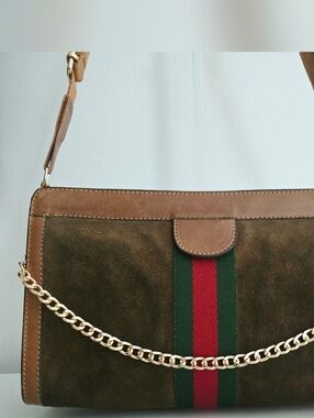 Authentic GUCCI GG Web Stripe Vintage Suede Camel Tan Clutch Crossbody WOC Bag
